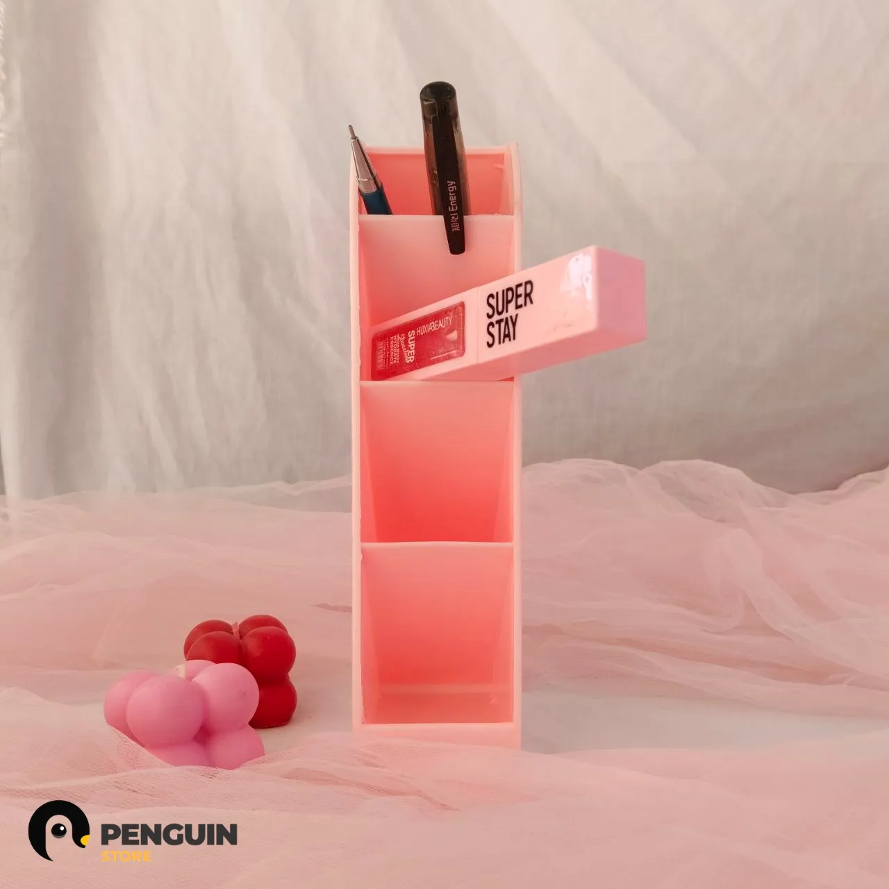 منظم مكتب مدرج (4 أدوار) - استند أقلام وأدوات متعدد الاستخدامات بلون وردي هادي من Penguin Store 🌸 منظم مكتب مودرن ✨