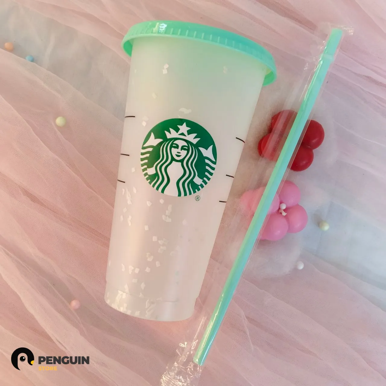 آيس كب (Ice Cup) "ستاربكس" كونفيتي - كوب قهوة باردة بـ شاليمو وغطاء مينت جرين ☕️✨🍃