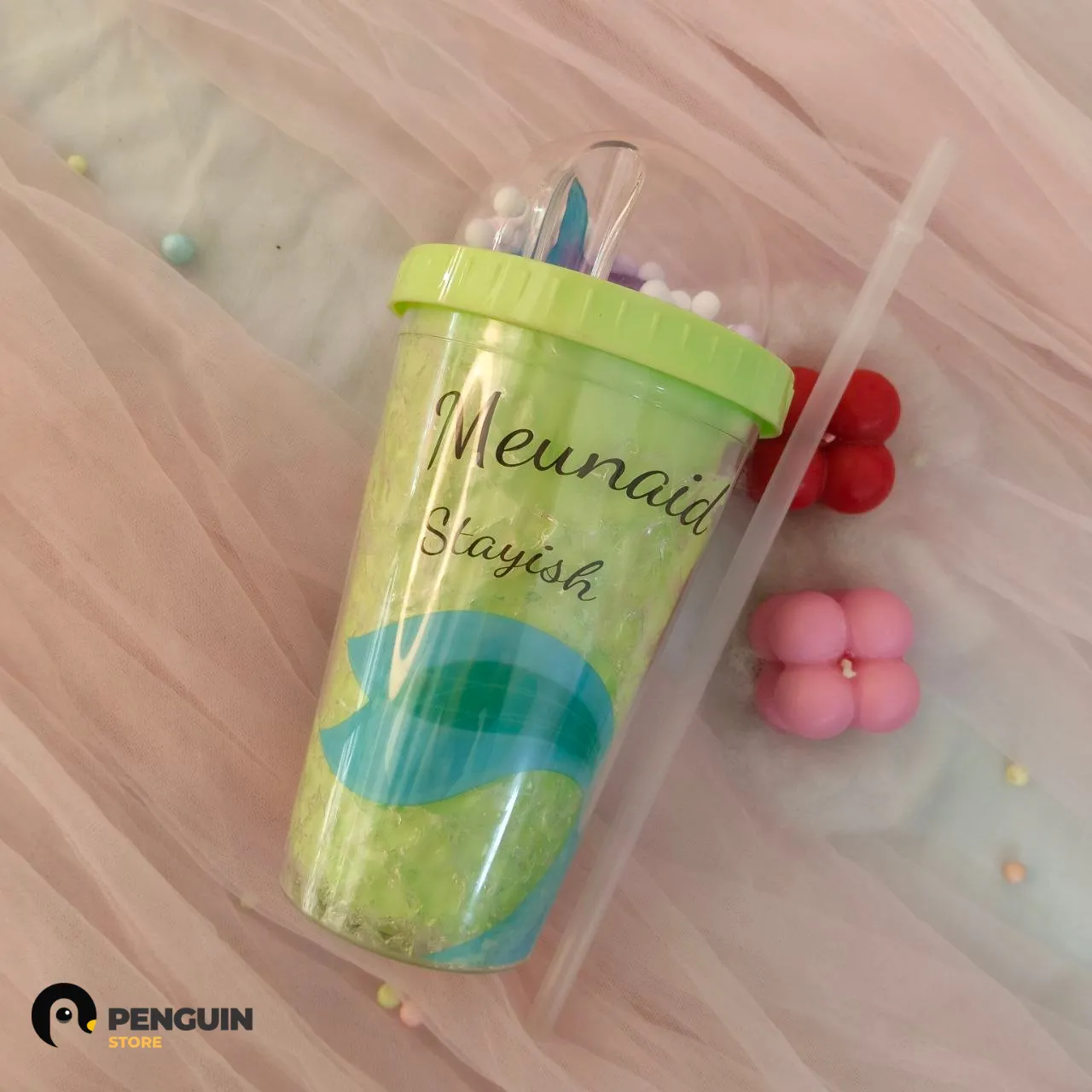 آيس كب (Ice Cup) "Mermaid Stayish" - كوب مشروبات باردة لون أخضر بـ ديل عروسة البحر وغطاء "" 🧜‍♀️💚✨